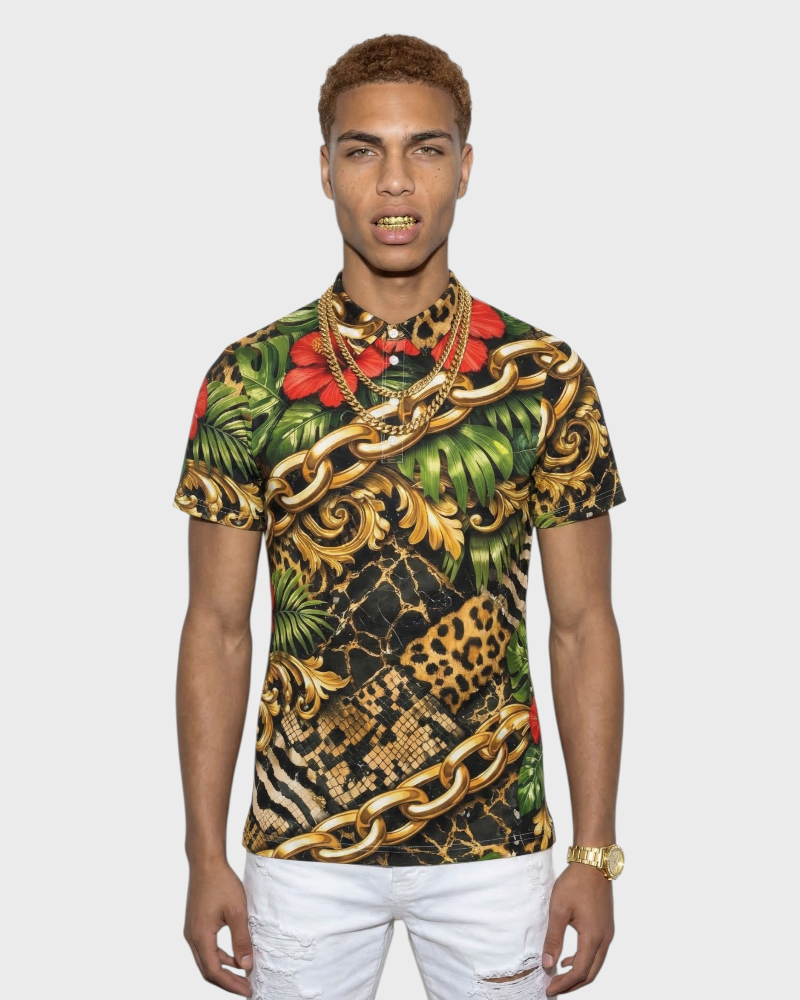 Urban Jungle Men's All-Over Print Slim Fit Short Sleeve Polo