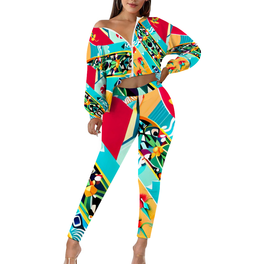 Custom Women's Two Piece Outfits Long Sleeve Zipper Top and Trousers Set