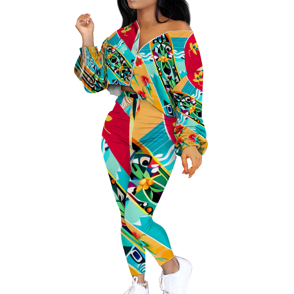 Custom Women's Two Piece Outfits Long Sleeve Zipper Top and Trousers Set